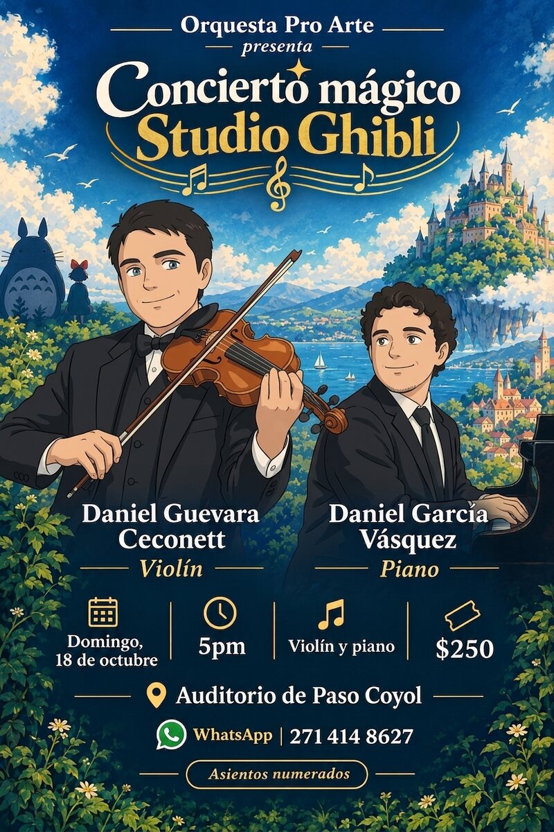 Cartel del Concierto Mágico Studio Ghibli con Daniel Guevara Ceconett, violín, y Daniel García Vásquez, piano